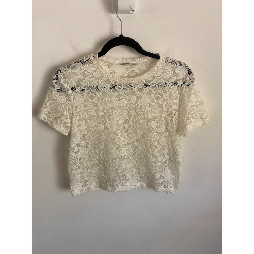 Zara Trafaluc‎ White Floral Lace Crop Top Short Sleeve Crew Neck S/S 18 Small